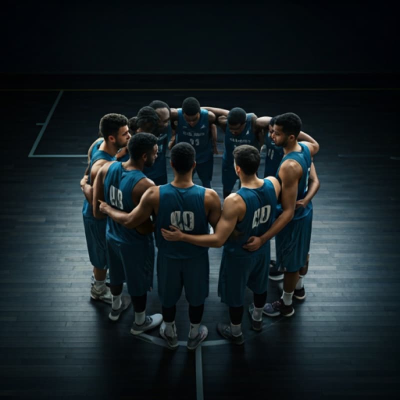 A team huddled in a circle at centre court, seen from above under a single overhead light.
