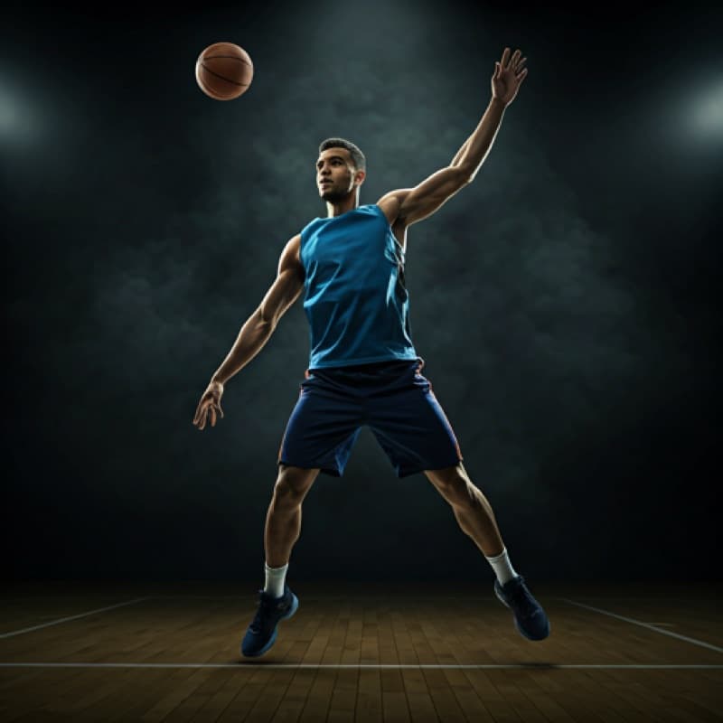 A player at the top of a jump, shooting arm extended in follow-through as the ball leaves their hand.