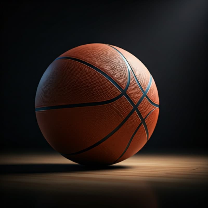 A basketball sitting alone on a dark hardwood court in a pool of spotlight.